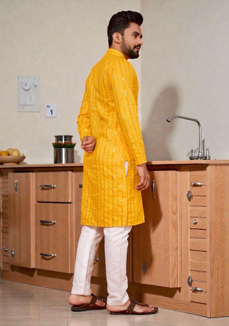 Yellow Embroidery Cotton Kurta Set For Men - Indya