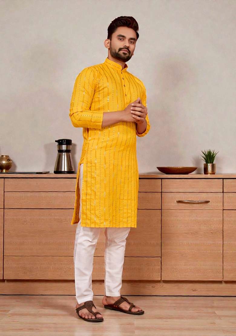 Yellow Embroidery Cotton Kurta Set For Men - Indya