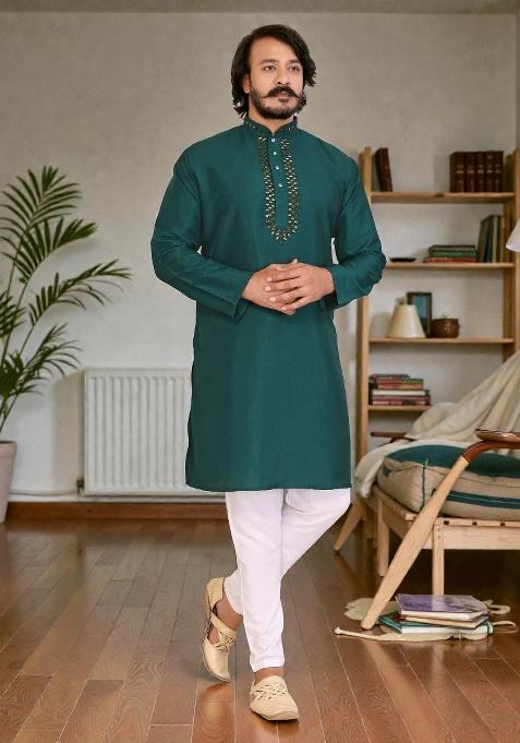Green Mirror Work Silk Kurta Set For Men