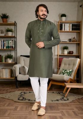 Green Mirror Work Silk Kurta Set For Men
