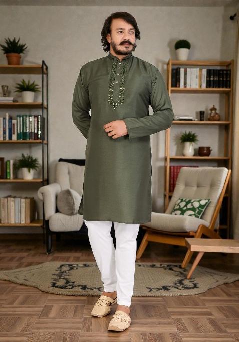 Green Mirror Work Silk Kurta Set For Men