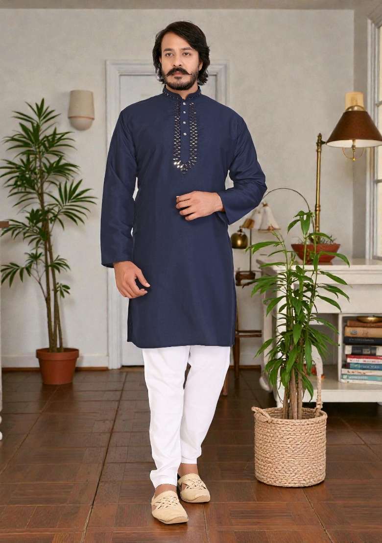 Navy Blue Mirror Work Silk Kurta Set For Men - Indya