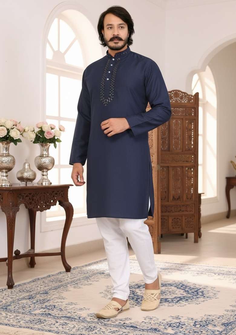 Navy Blue Mirror Work Silk Kurta Set For Men - Indya