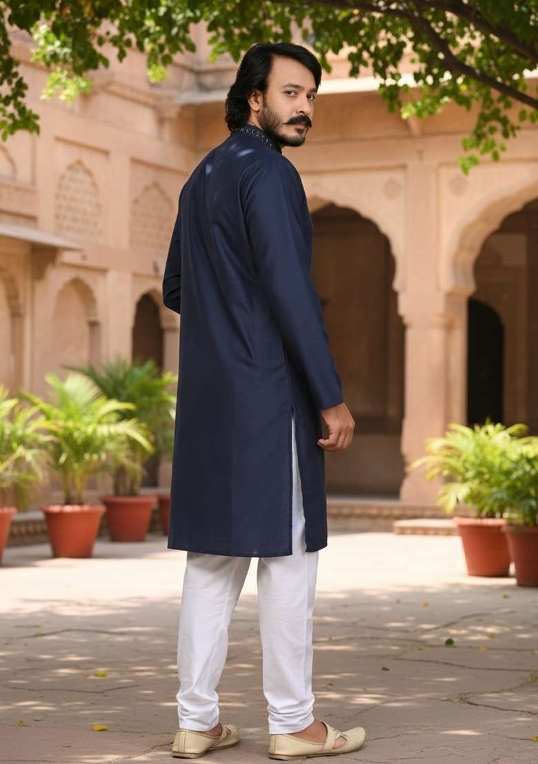 Navy Blue Mirror Work Silk Kurta Set For Men - Indya
