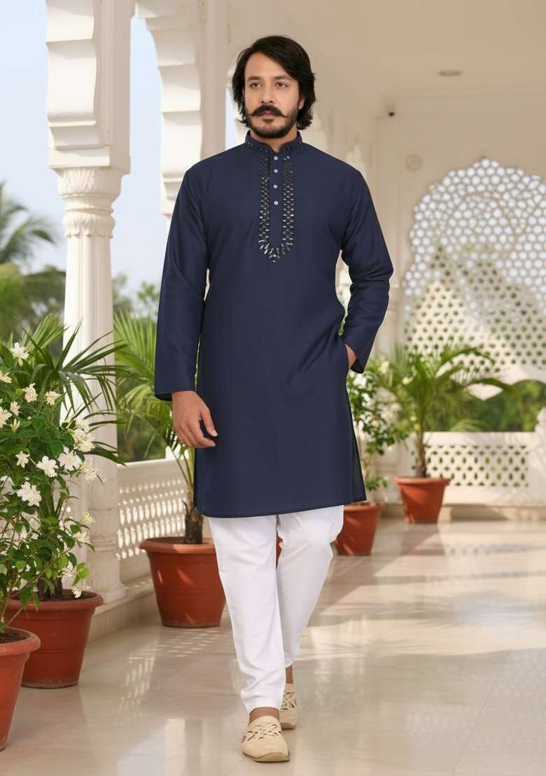 Navy Blue Mirror Work Silk Kurta Set For Men - Indya
