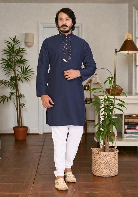 Navy Blue Mirror Work Silk Kurta Set For Men
