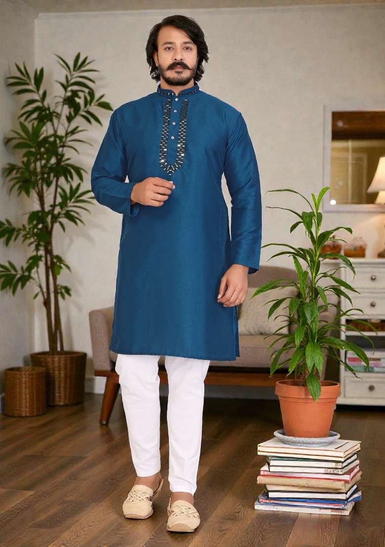 Teal Mirror Work Silk Kurta Set For Men - Indya