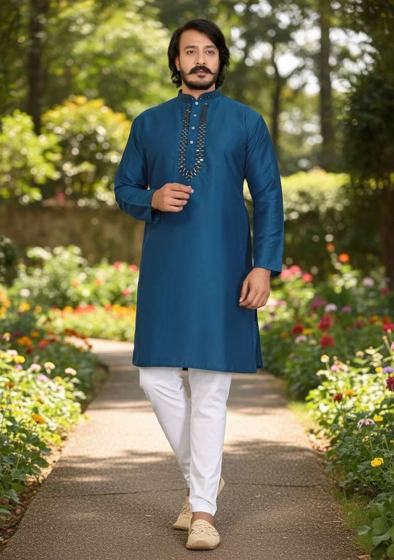 Teal Mirror Work Silk Kurta Set For Men - Indya
