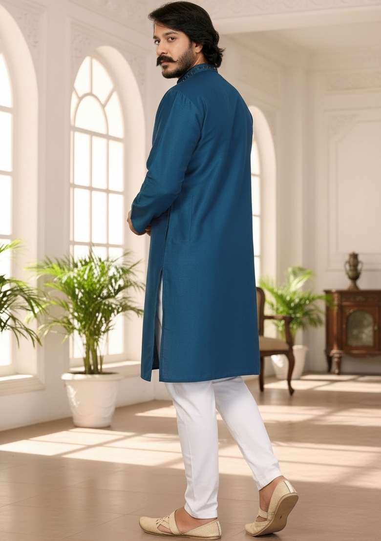 Teal Mirror Work Silk Kurta Set For Men - Indya