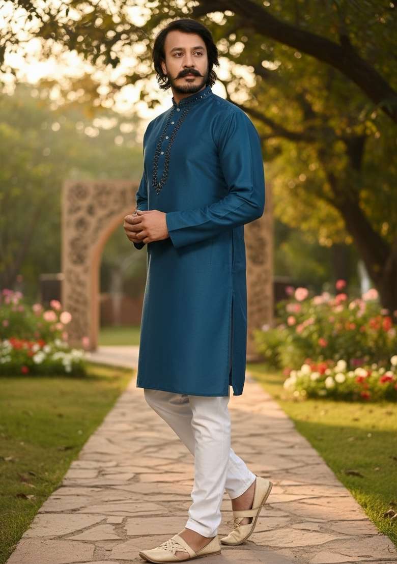 Teal Mirror Work Silk Kurta Set For Men - Indya