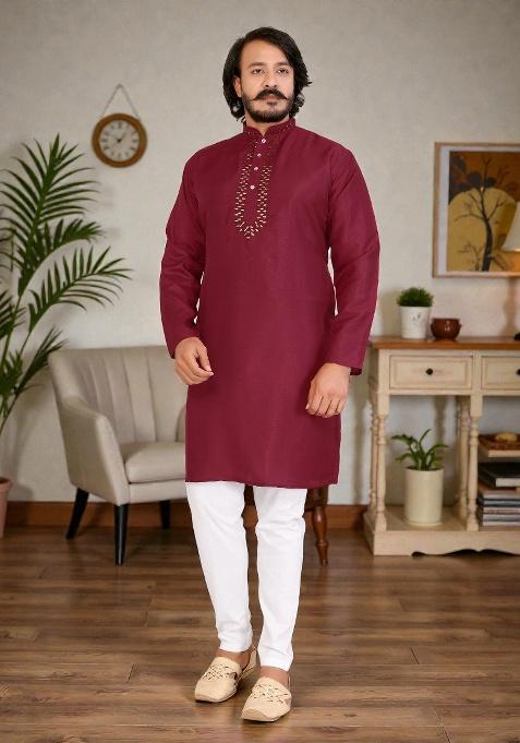 Red Mirror Work Silk Kurta Set For Men