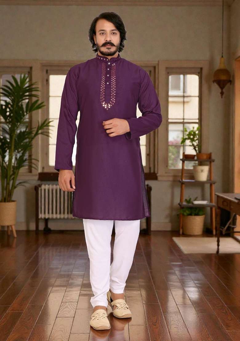 Purple Mirror Work Silk Kurta Set For Men - Indya