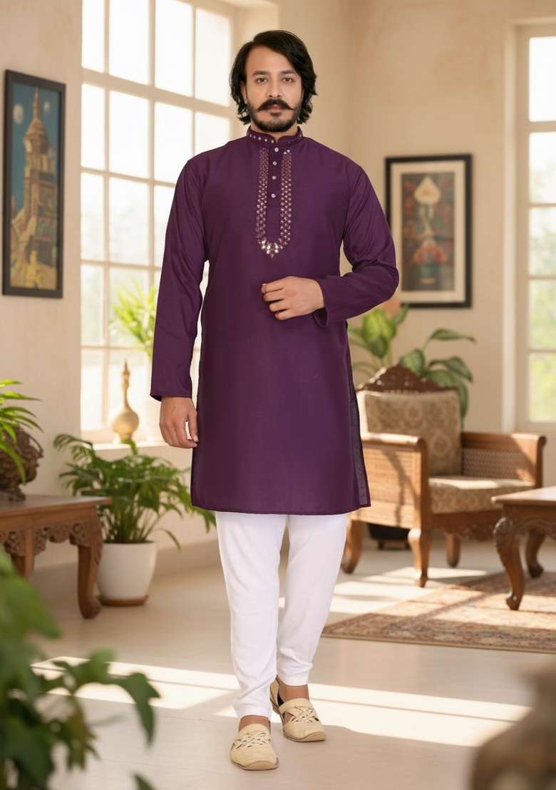 Purple Mirror Work Silk Kurta Set For Men - Indya