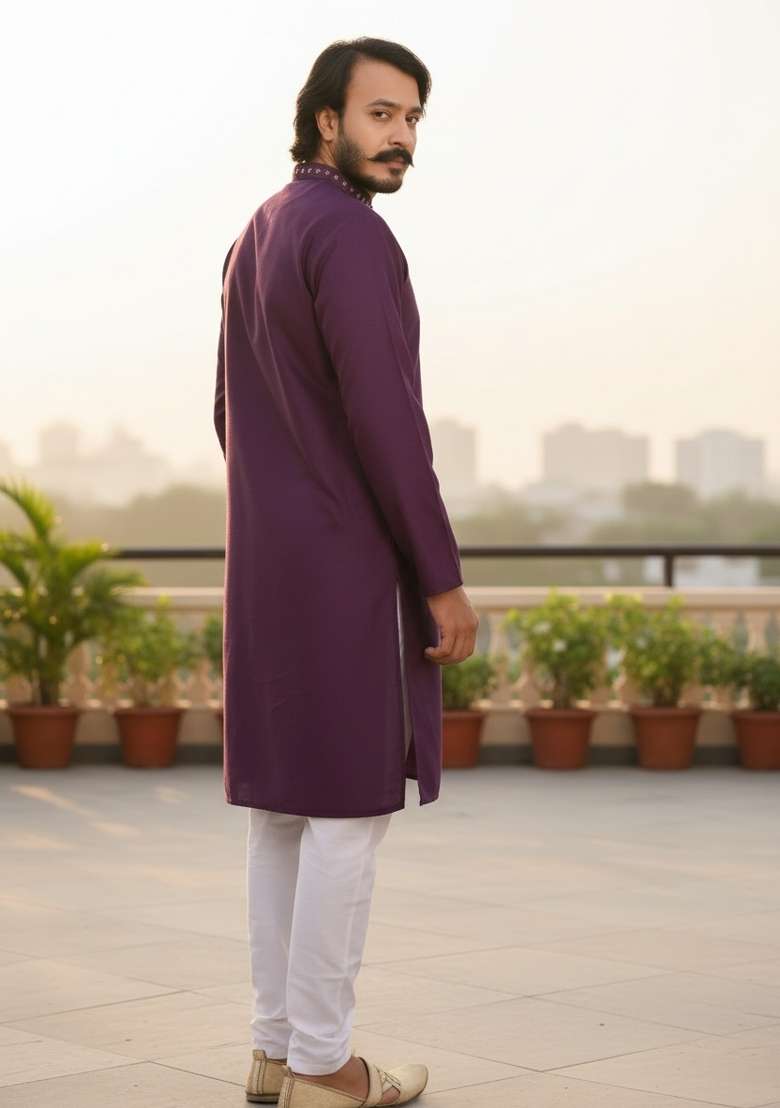 Purple Mirror Work Silk Kurta Set For Men - Indya