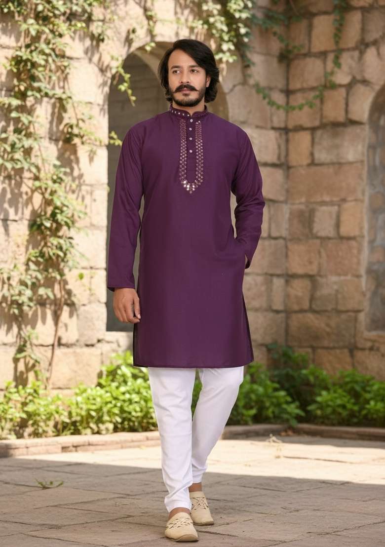 Purple Mirror Work Silk Kurta Set For Men - Indya