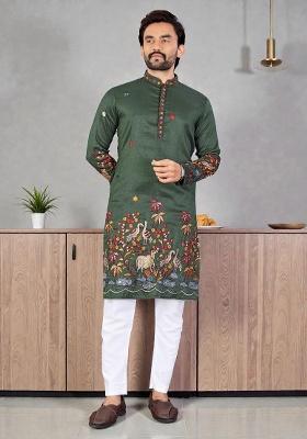Green Embroidery Silk Kurta Set For Men