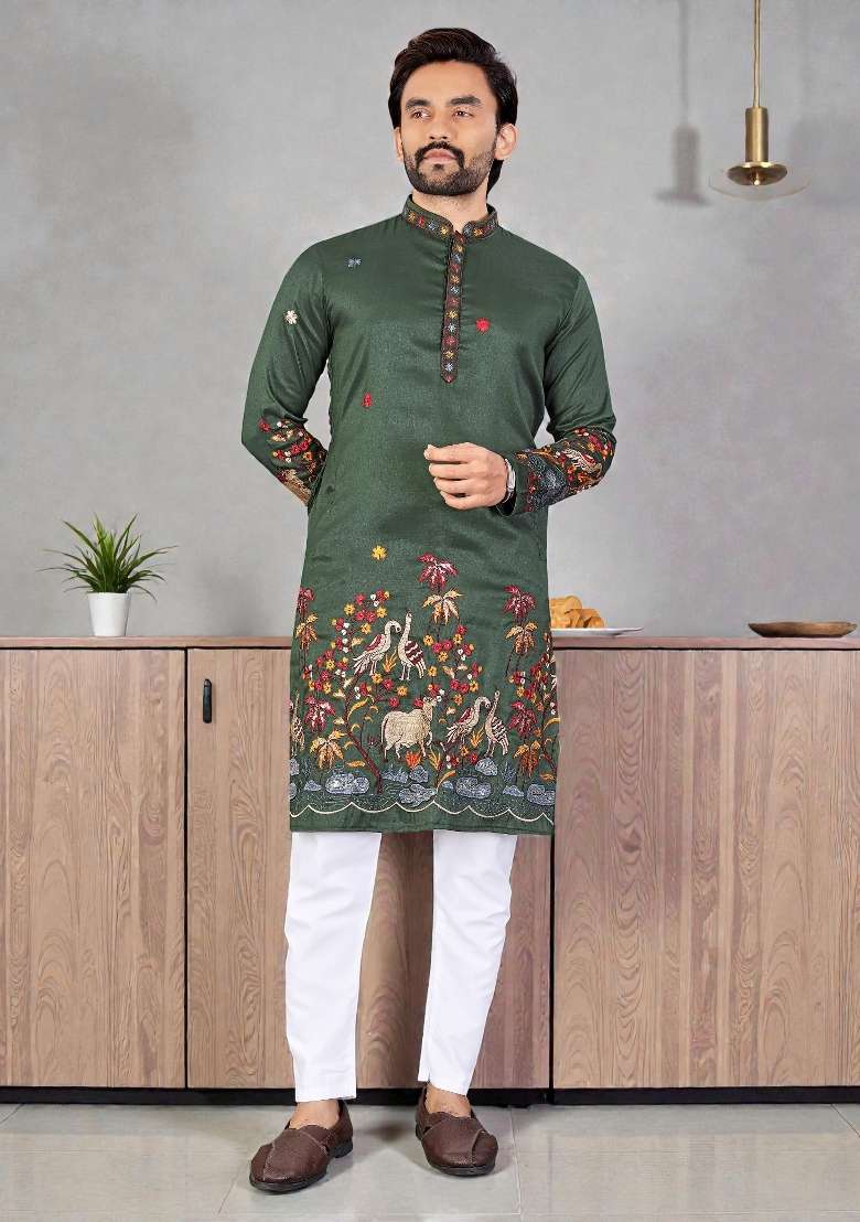 Green Embroidery Silk Kurta Set For Men - Indya
