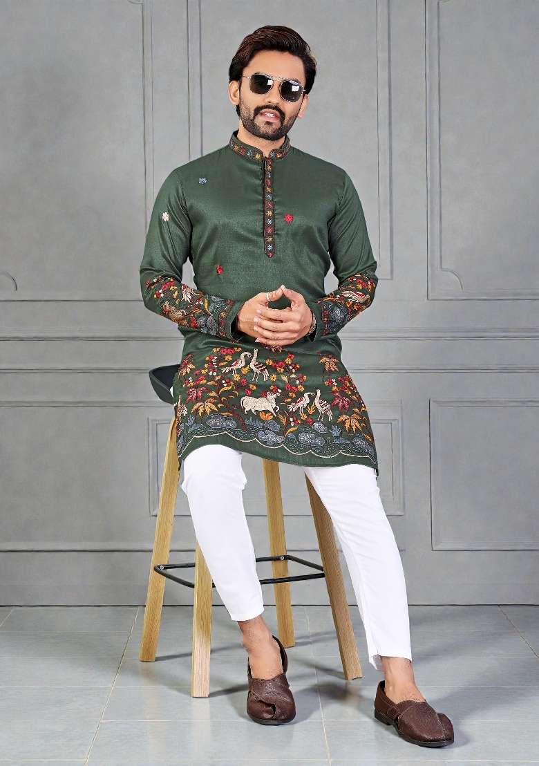Green Embroidery Silk Kurta Set For Men - Indya
