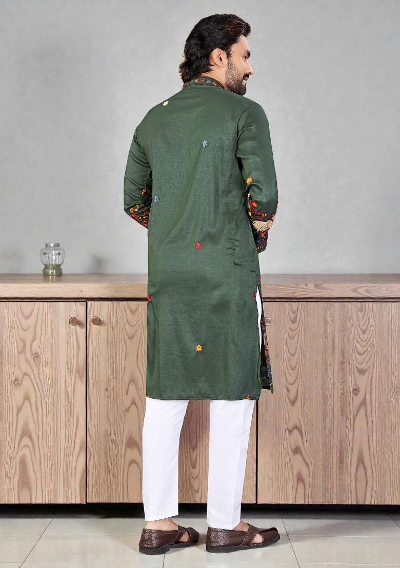 Green Embroidery Silk Kurta Set For Men - Indya