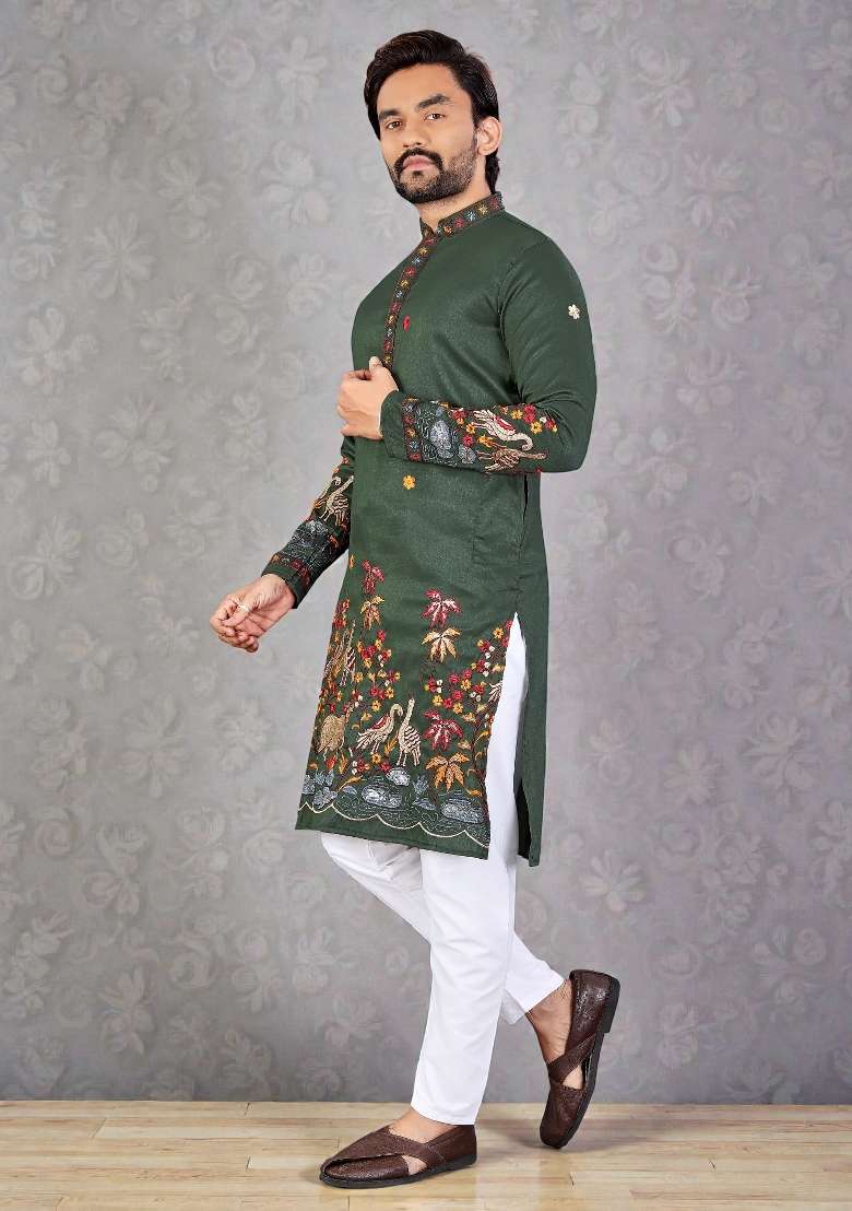 Green Embroidery Silk Kurta Set For Men - Indya