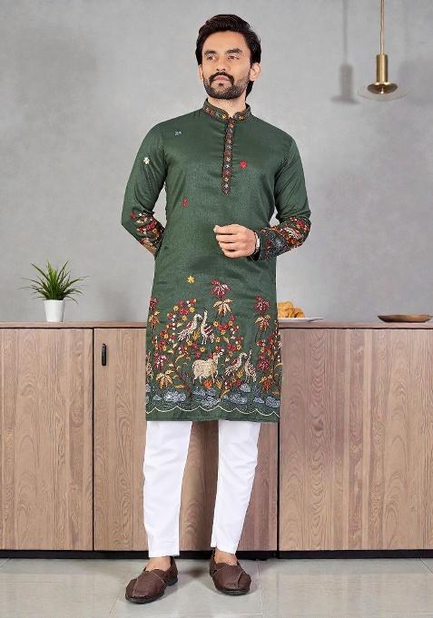 Green Embroidery Silk Kurta Set For Men