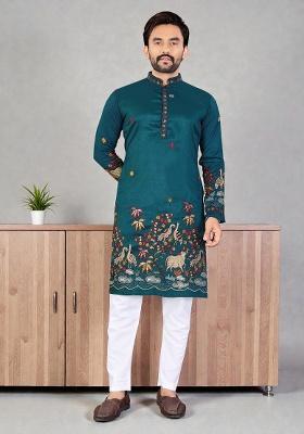 Blue Embroidery Silk Kurta Set For Men