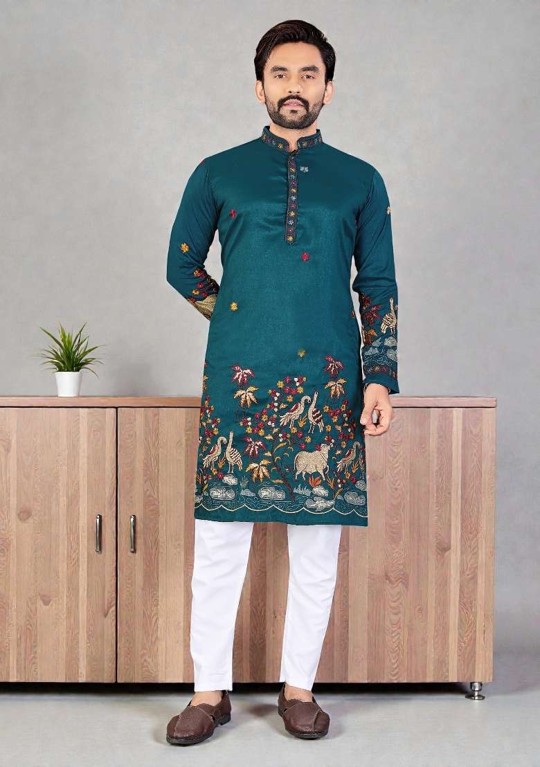 Blue Embroidery Silk Kurta Set For Men - Indya