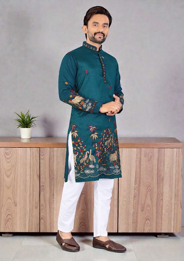 Blue Embroidery Silk Kurta Set For Men - Indya