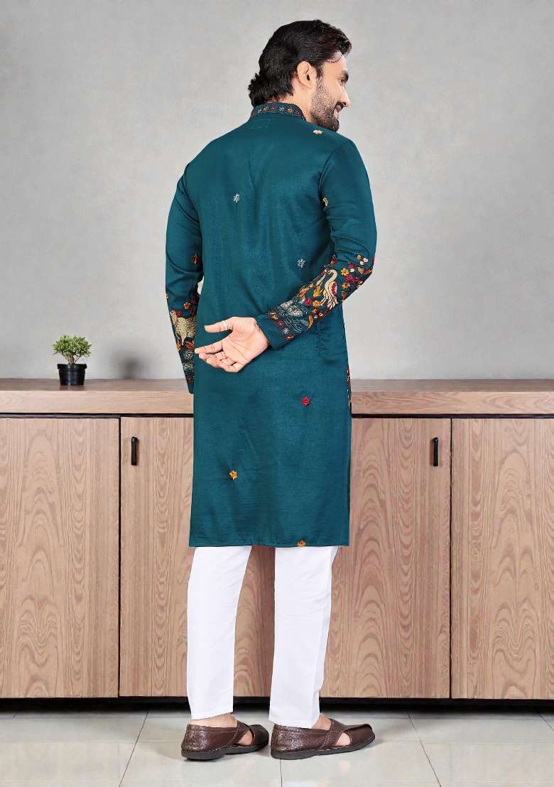 Blue Embroidery Silk Kurta Set For Men - Indya