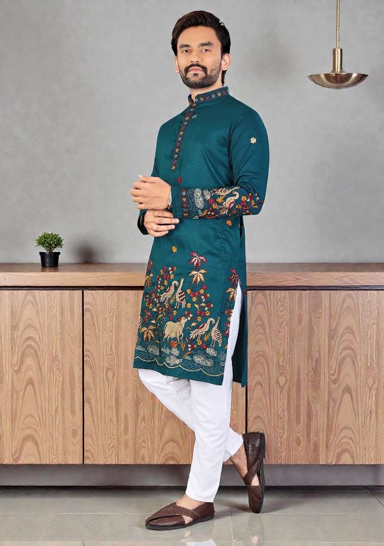 Blue Embroidery Silk Kurta Set For Men - Indya