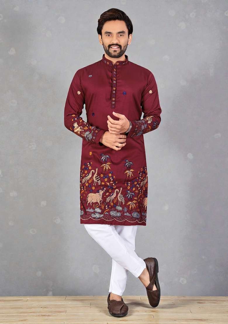 Red Embroidery Silk Kurta Set For Men - Indya
