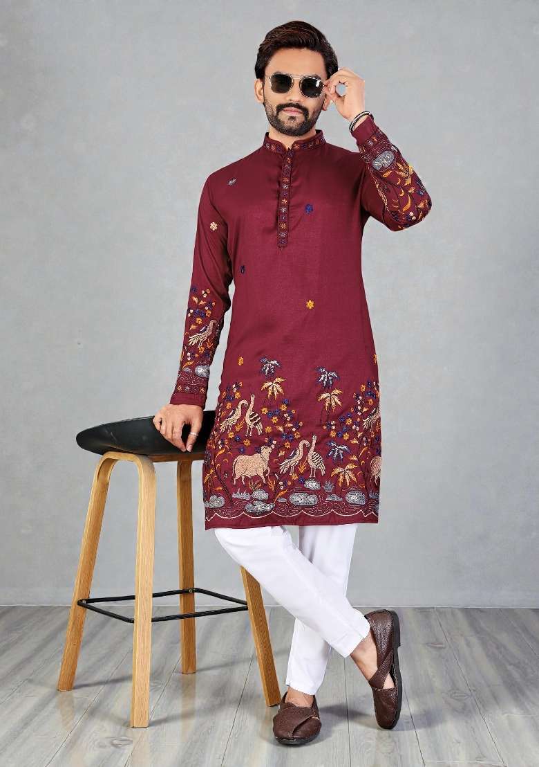 Red Embroidery Silk Kurta Set For Men - Indya