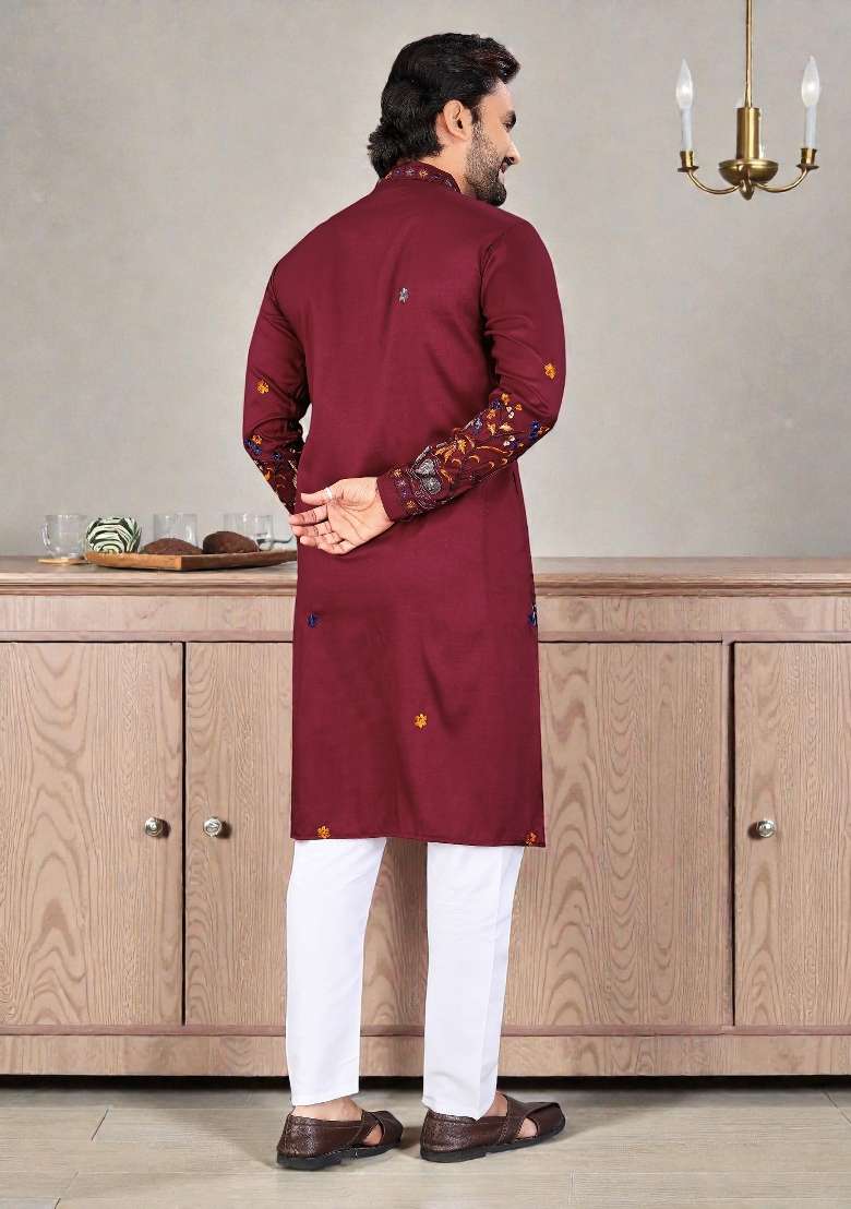Red Embroidery Silk Kurta Set For Men - Indya