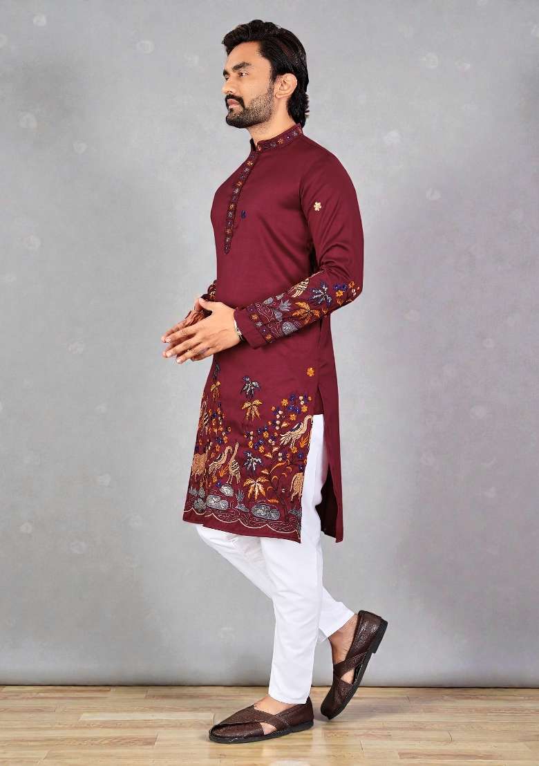 Red Embroidery Silk Kurta Set For Men - Indya