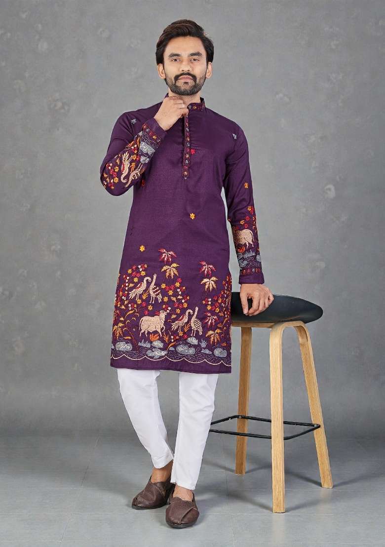 Purple Embroidery Silk Kurta Set For Men - Indya