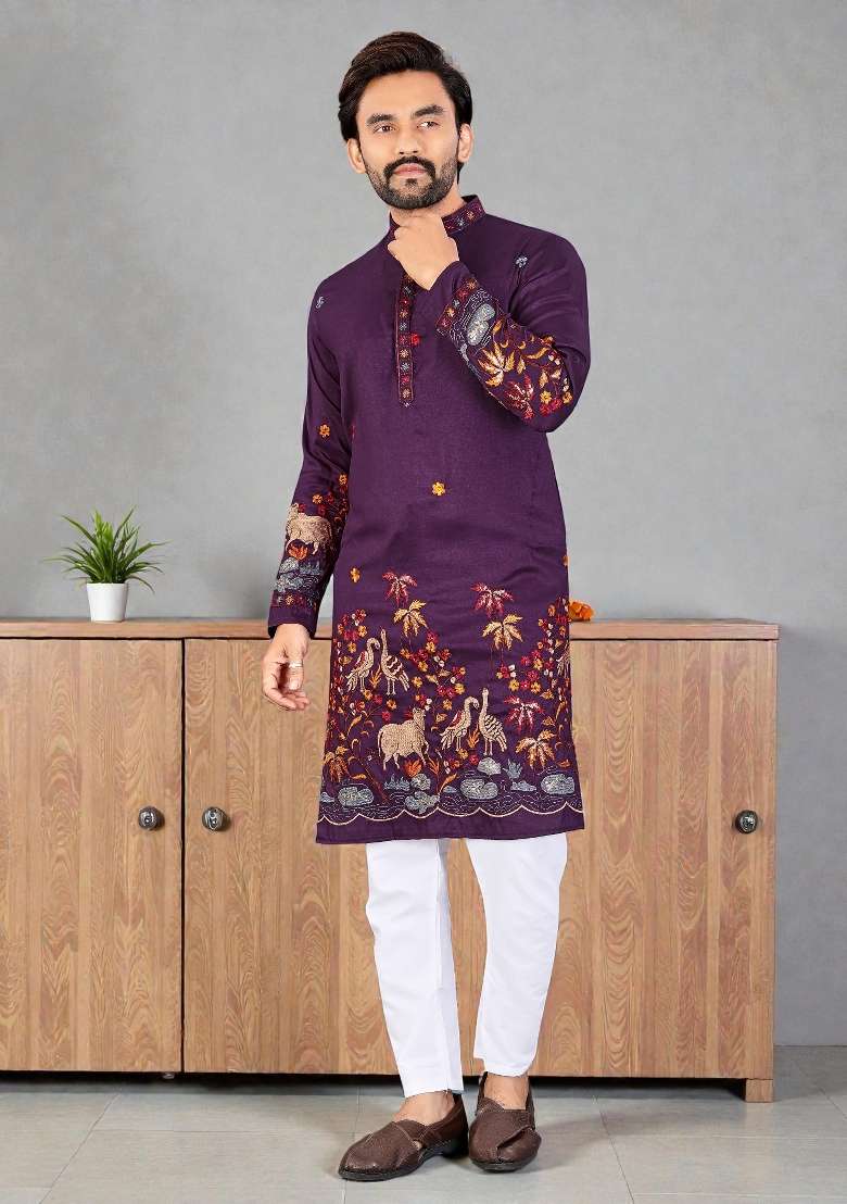 Purple Embroidery Silk Kurta Set For Men - Indya