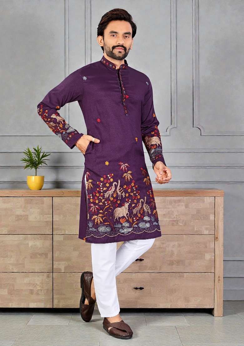 Purple Embroidery Silk Kurta Set For Men - Indya