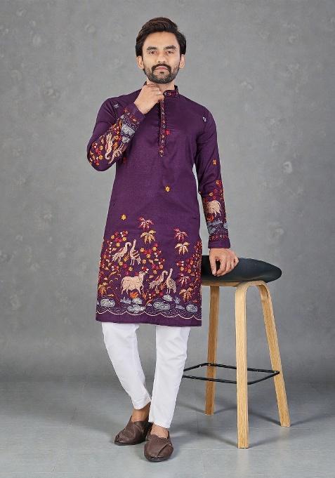 Purple Embroidery Silk Kurta Set For Men