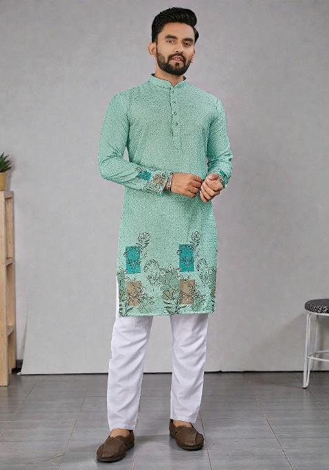Blue Embroidery Rayon Kurta Set For Men