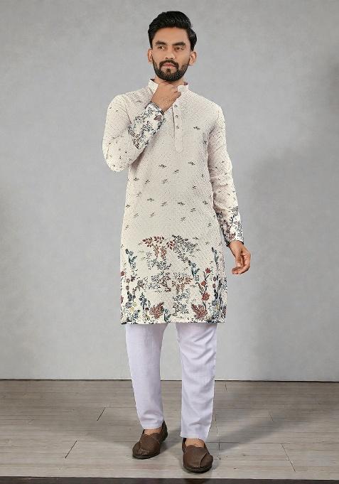 Cream Embroidery Rayon Kurta Set For Men