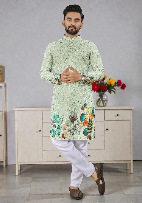Green Embroidery Rayon Kurta Set For Men