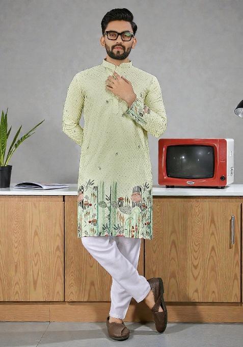 Green Embroidery Rayon Kurta Set For Men