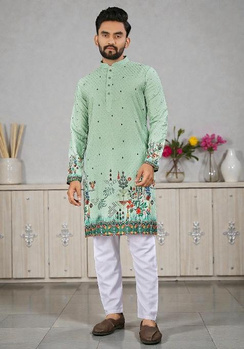 Rama Green Embroidery Rayon Kurta Set For Men