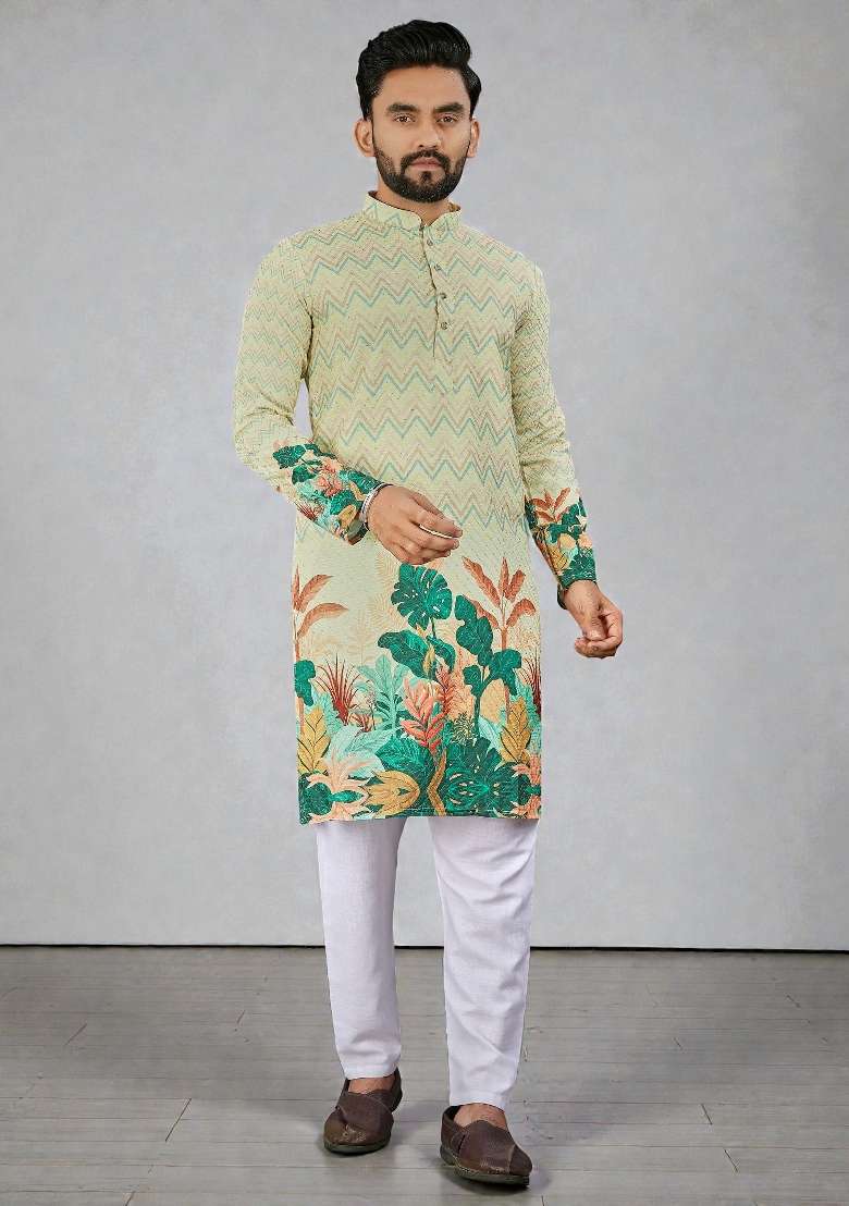 Yellow Embroidery Rayon Kurta Set For Men - Indya