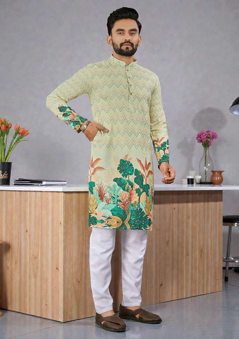 Yellow Embroidery Rayon Kurta Set For Men - Indya