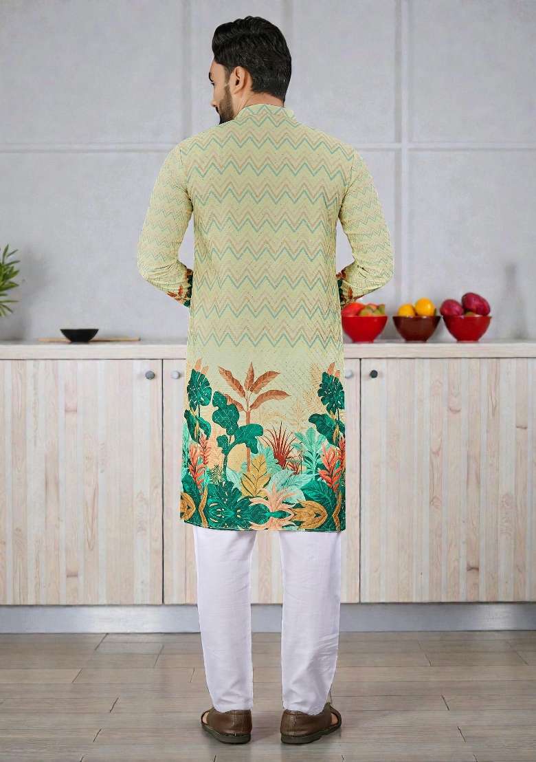 Yellow Embroidery Rayon Kurta Set For Men - Indya
