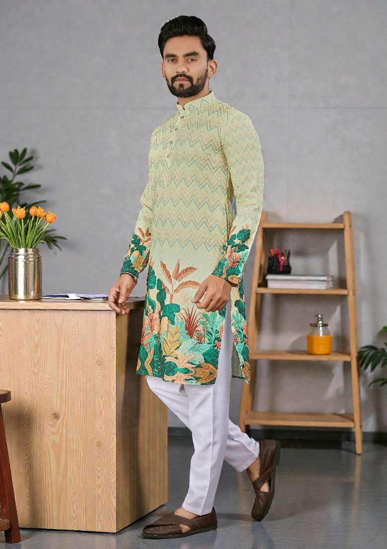 Yellow Embroidery Rayon Kurta Set For Men - Indya