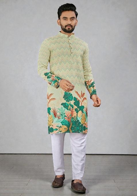 Yellow Embroidery Rayon Kurta Set For Men