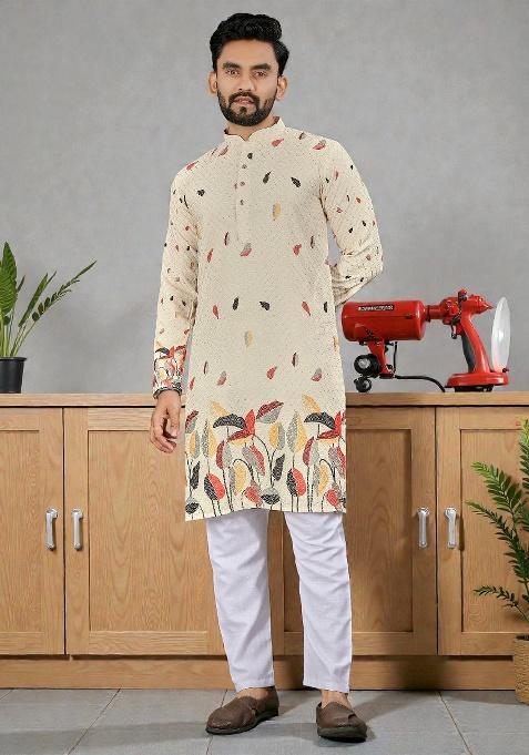 Off White Embroidery Rayon Kurta Set For Men