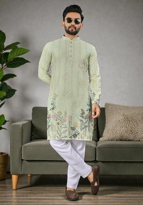 Sea Green Embroidery Rayon Kurta Set For Men